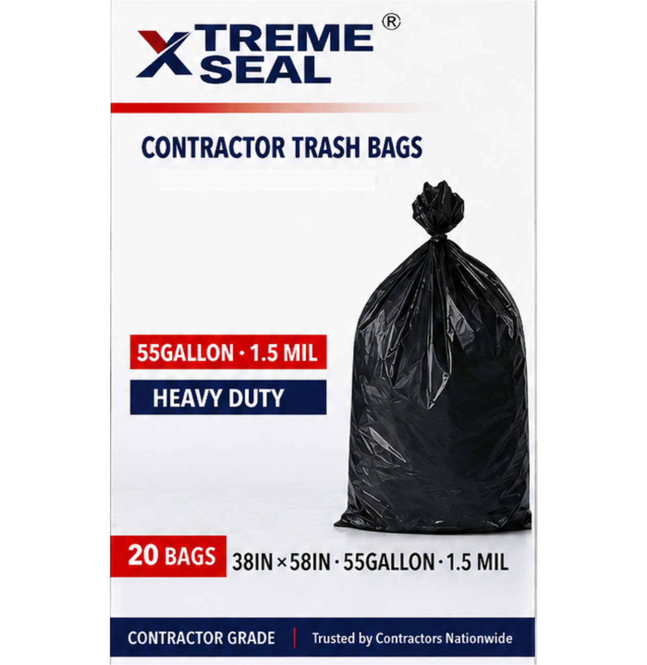 XTREME SEAL USA Contractor Trash Bags – 55 Gallon – 1.5 Mil – 20 Count